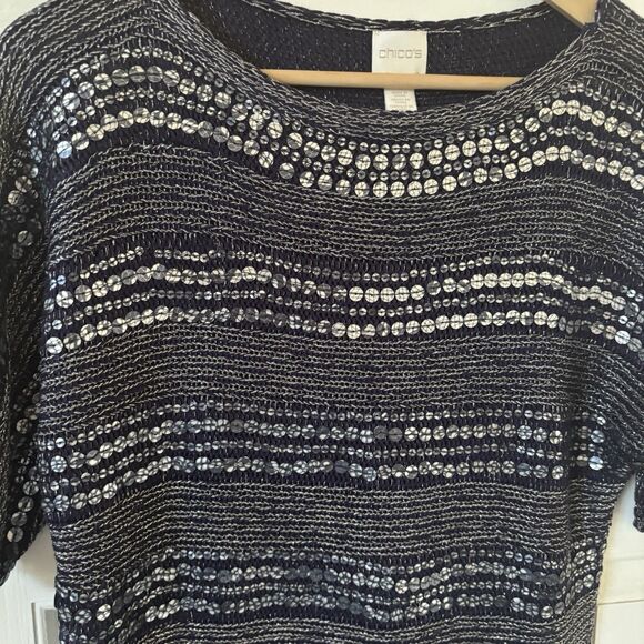 Chicos Womens Sweater Size 1 Blue Striped Sequins Pullover Ethereal Fairy Goth - Picture 5 of 12
